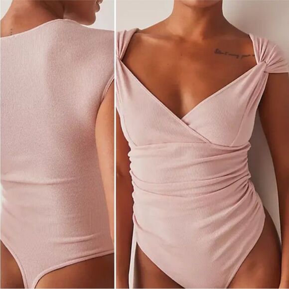 NWT Free People Another Love Stretchy Ribbed Thong Vneck Bodysuit Silver Pink XS - Picture 15 of 15